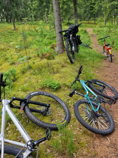 Kaikenlaisia maastopyöriä metsäpolun varrella Pyöriä metsäpolun varrella